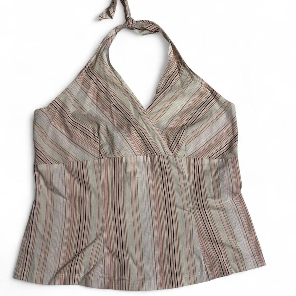 ENT striped halter top with vertical stripes in beige, pink, and brown